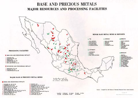 Los recursos importantes e las instalaciones de procesamiento de metales básicos y preciosos en México