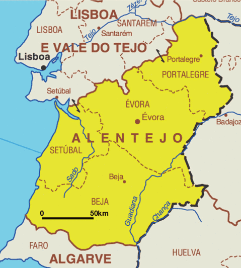 Mapa de la Región de Alentejo en Portugal