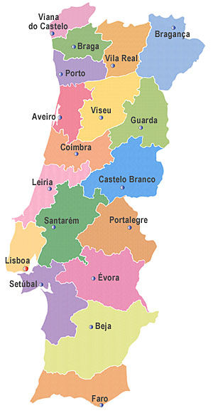 Mapa de Portugal con sus Distritos