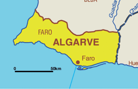Mapa de la Región del Algarve de Portugal