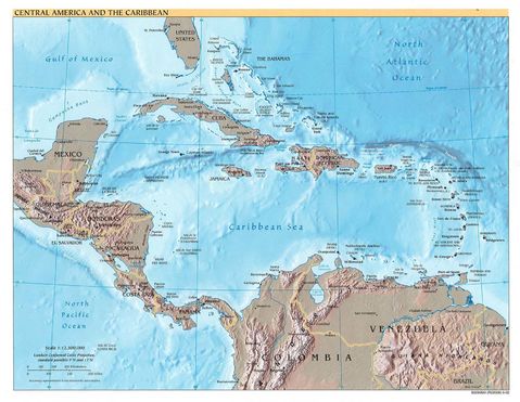 Central America and the Caribbean physical map 