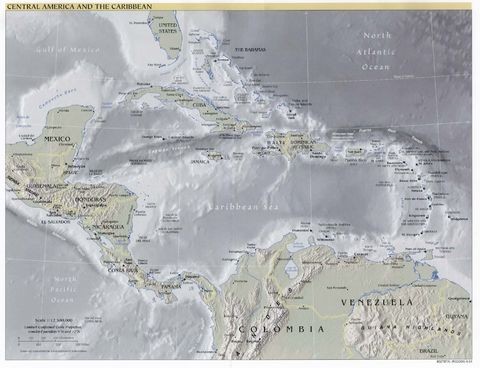 Central America and the Caribbean physical map 