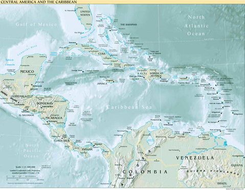 Topography of Central America and the Caribbean 