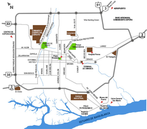 Access road map of Bahía Blanca, province of Buenos Aires