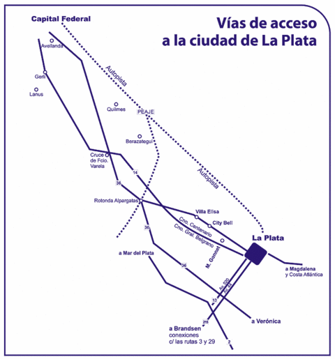 Road access map to La Plata, Buenos Aires, Argentina