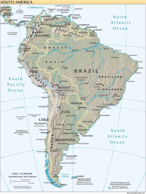 South America physical map 