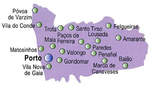 Mapa del distrito de Oporto, Portugal