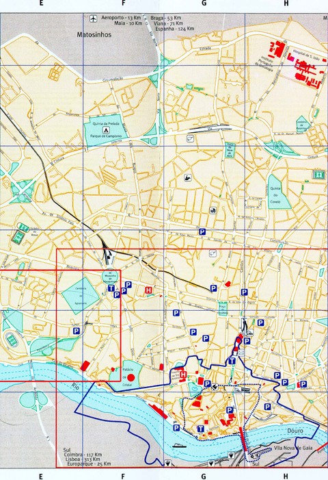 Mapa del centro y norte de Oporto, Portugal