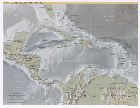 Central America and the Caribbean physical map 