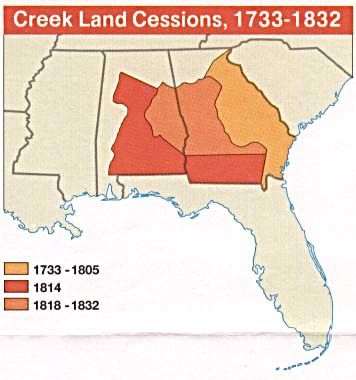 Creek Land Cessions Map, Southeastern United States 1733 - 1832