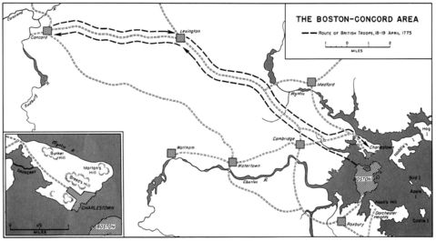 Boston Concord Area, Route of British Troops April 1775, American Revolutionary War