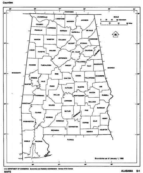 Alabama Black and White Outline Map, United States