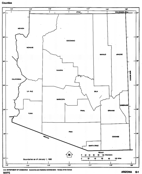 Arizona Black and White Outline Map, United States