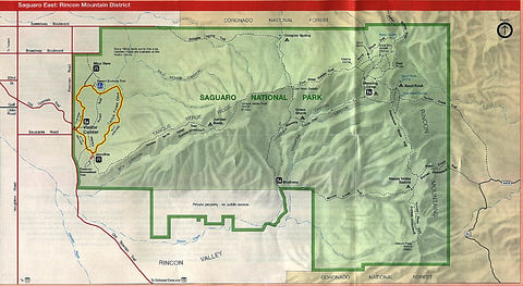 Eastern Saguaro National Park Map, Rincon Mountain District, Arizona