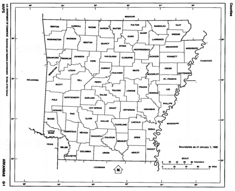Arkansas Black and White Outline Map, United States