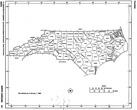 North Carolina Black and White Outline Map, United States