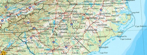 Mapa físico de Carolina del Norte