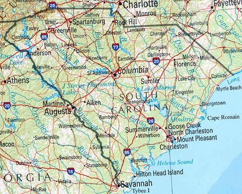 Mapa físico de Carolina del Sur