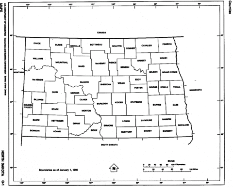 North Dakota Black and White Outline Map, United States