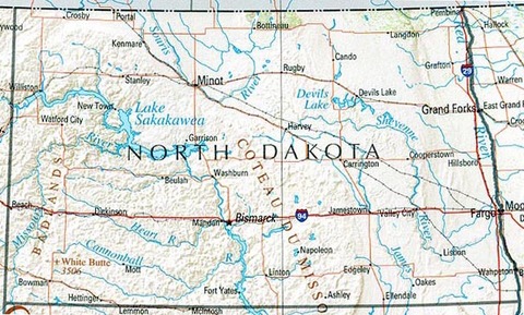 Mapa físico de Dakota del Norte