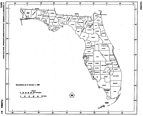 Florida Black and White Outline Map, United States