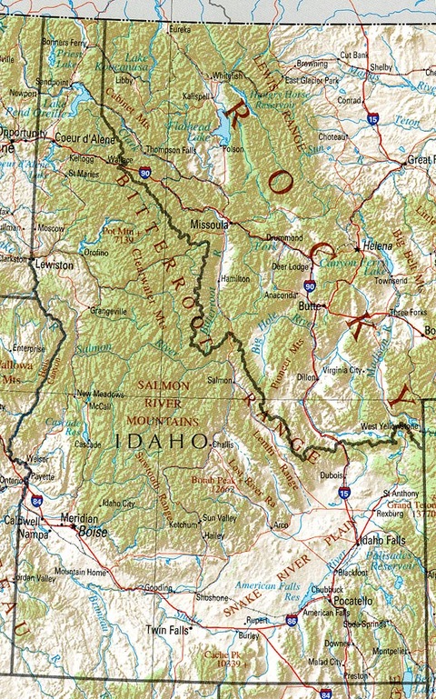 Mapa físico de Idaho