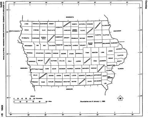 Mapa Blanco y Negro de Iowa
