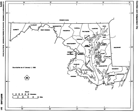 Maryland Black and White Outline Map, United States