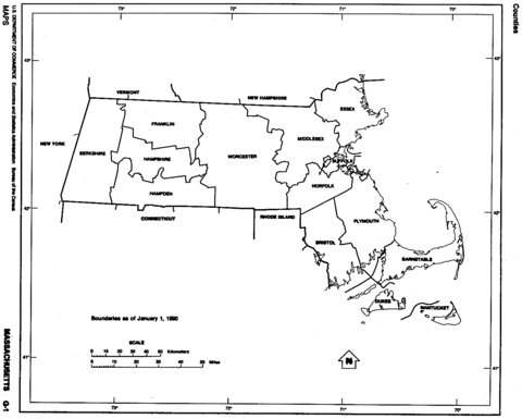 Massachusetts Black and White Outline Map, United States