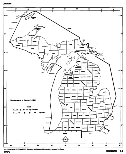 Michigan Black and White Outline Map, United States