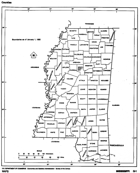 Mississippi Black and White Outline Map, United States