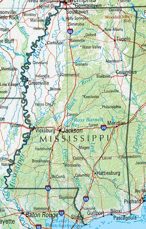 Mapa físico de Misisipi