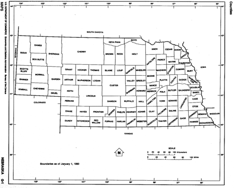 Nebraska Black and White Outline Map, United States