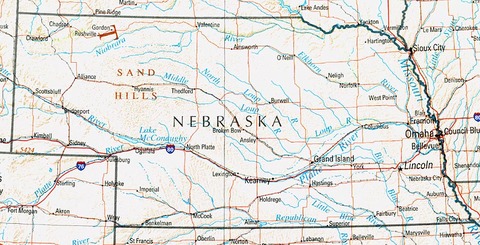 Mapa físico de Nebraska