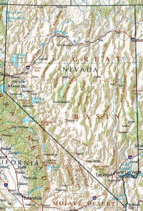 Mapa físico de Nevada