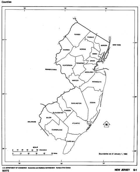Mapa Blanco y Negro de Nueva Jersey
