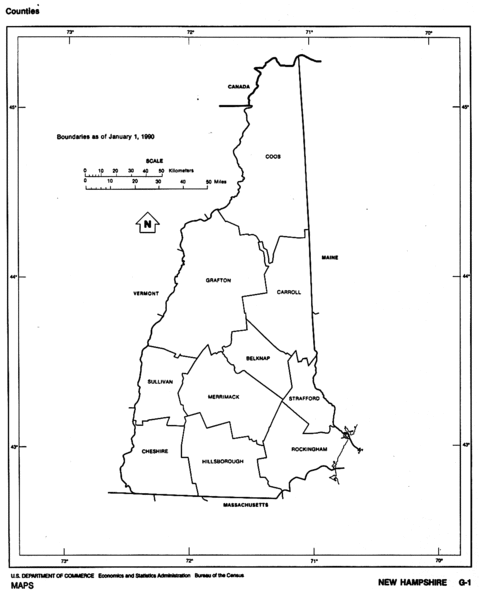 New Hampshire Black and White Outline Map, United States