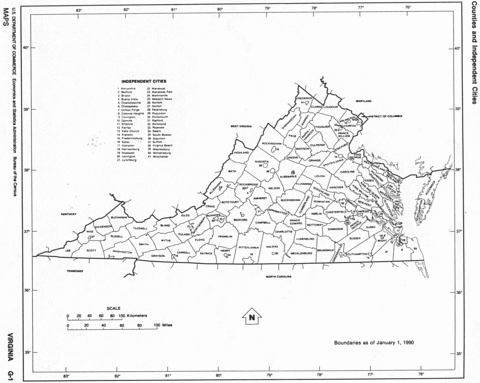 Virginia Black and White Outline Map, United States