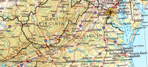 Mapa físico de Virginia