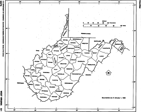 West Virginia Black and White Outline Map, United States