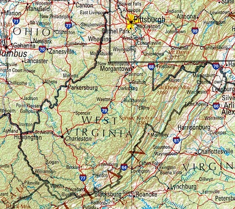 Mapa físico de Virginia Occidental