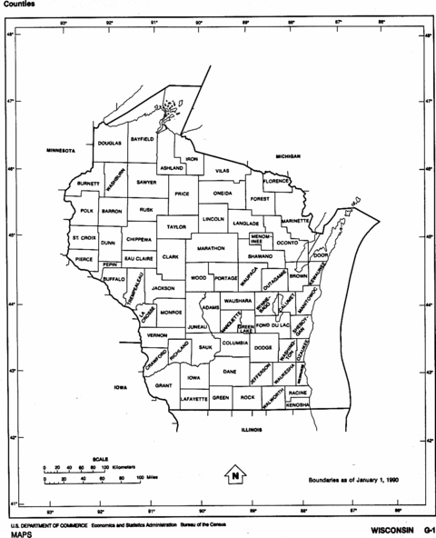 Wisconsin Black and White Outline Map, United States