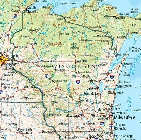 Mapa físico de Wisconsin