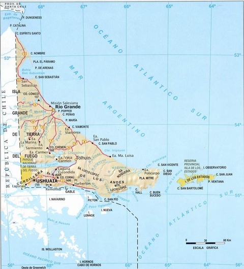 Map of the Province of Tierra del Fuego, Argentina