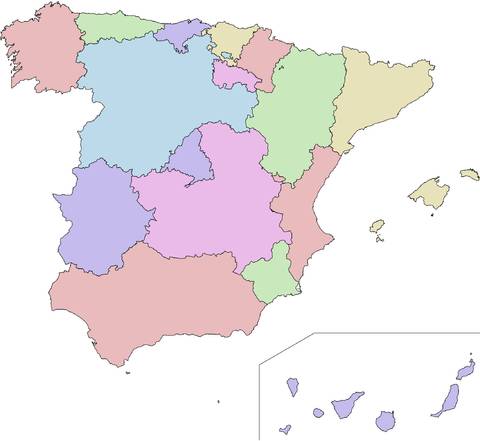 Spain Autonomous Communities colored blank map