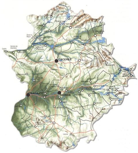 Physical map of Extremadura