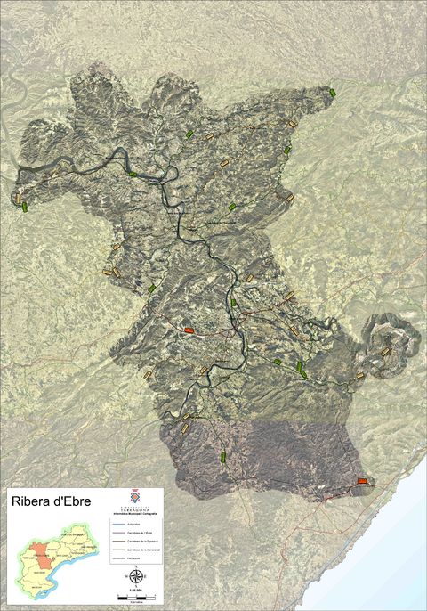Mapa satelital con carreteras de la comarca de Ribera d'Ebre