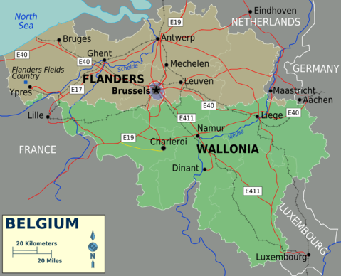 Mapa de Bélgica mostrando sus regiones