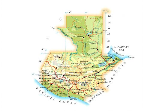 Physical map of Guatemala