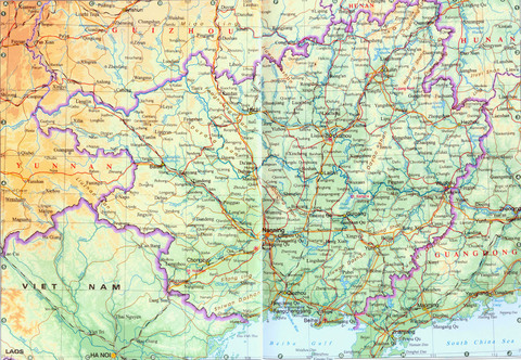 Physical map of Guangxi, China